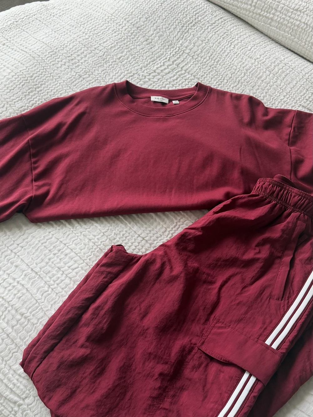 Aritzia Babaton Burgundy Matching Set | Oversized Tee & Side Stripe Track Pants - Picture 3 of 5